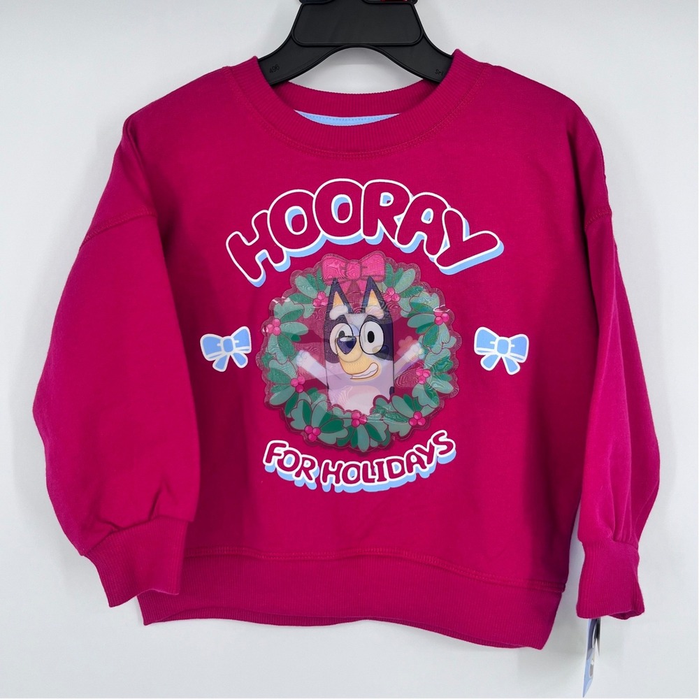 Bluey Sweatshirt Girls 2T Pink Hooray For Holidays Christmas Wreath Bows Festive
